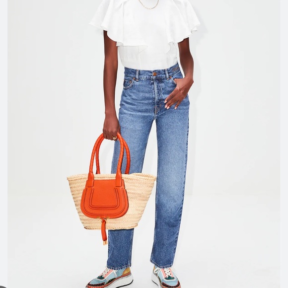 Chloe Marcie Medium Woven Raffia Tote Orange - Picture 2 of 9